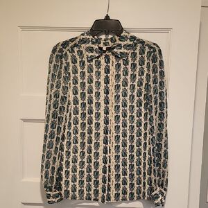 Tory Burch Bwetle Patterned Long Sleeve Silk Blouse Sz 4